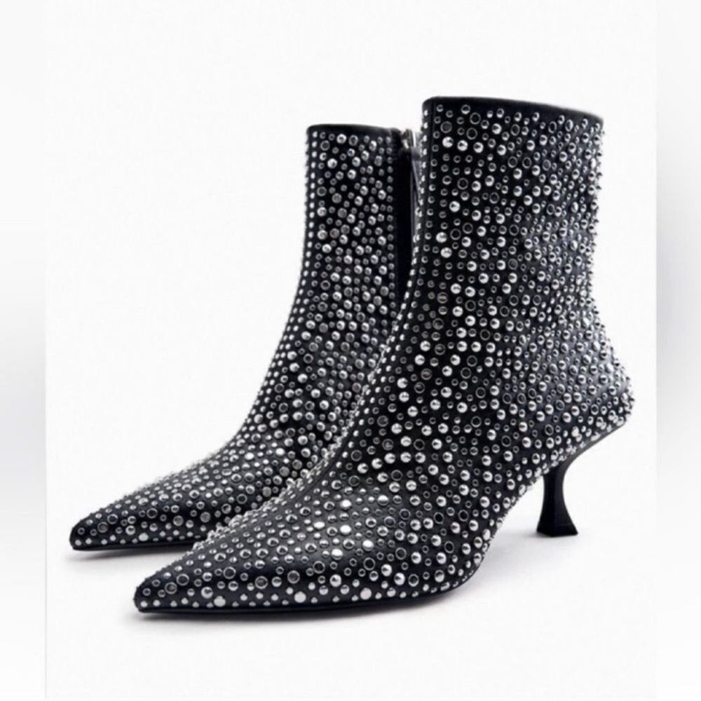 Zara Silver Stud Black Ankle Boots(Size 40/9)